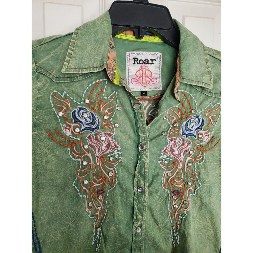 Roar Laguna Button Down Shirt Green Embroidered Rhinestone Western Cowgirl Large